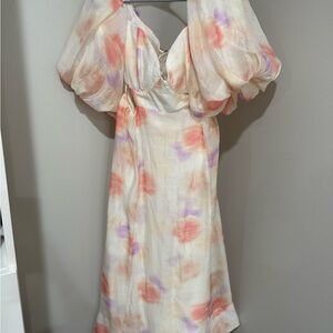 Bardot Asymmetrical Dress in Cream, Pink, and Purple